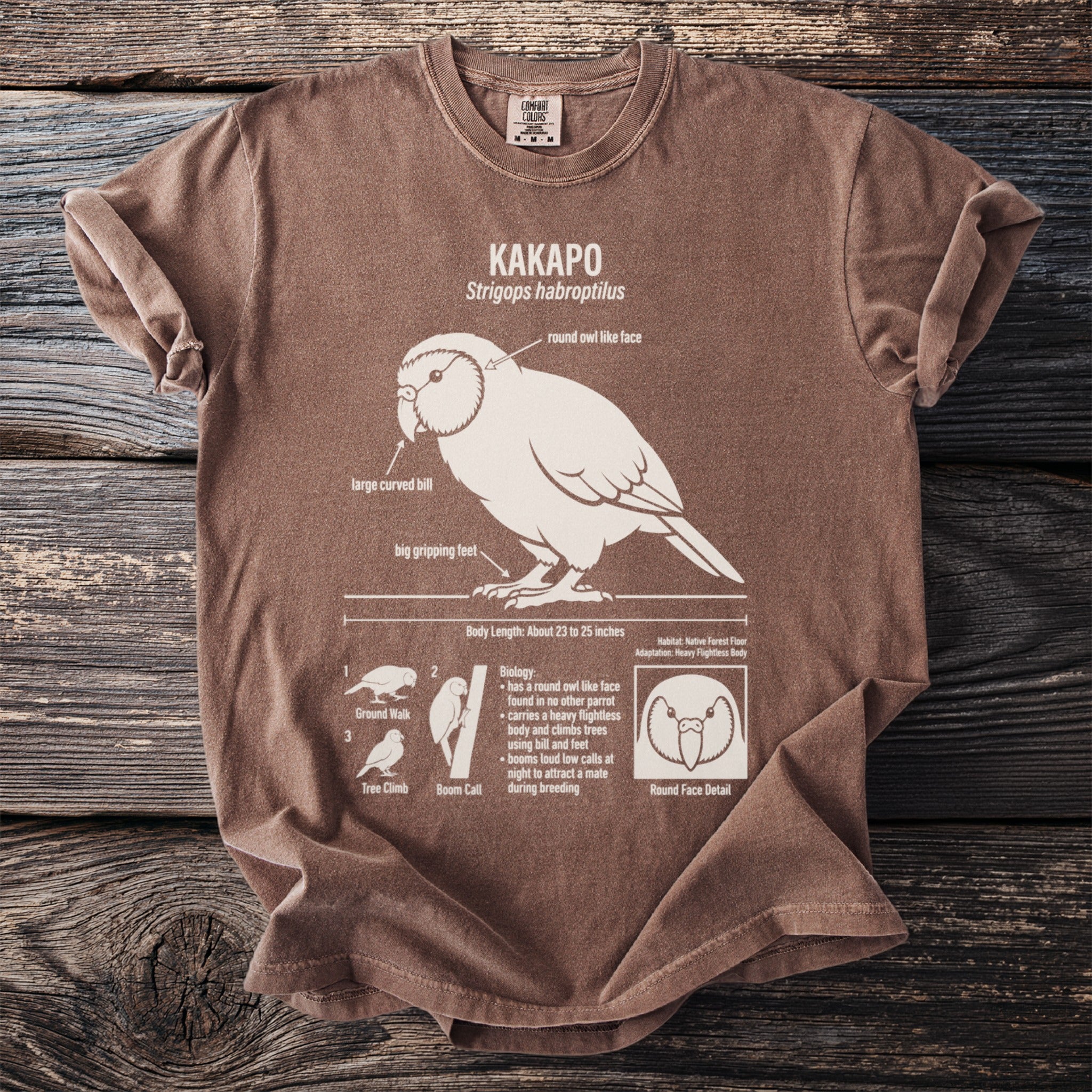 Brown t-shirt featuring a Kakapo parrot diagram with its features and biology.