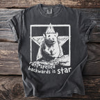 Dark grey t-shirt with a rat in front of a star and the text "rats spelled backwards is Star".