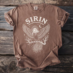 Brown t-shirt with white graphic of a winged female figure, birds, and text "SIRIN slavic dark song bird maiden".