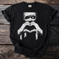 Black t-shirt with a mummy making a heart shape with bandaged hands.