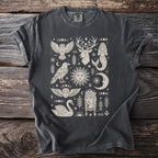 Dark grey t-shirt with a light beige graphic featuring celestial and mythical creatures.