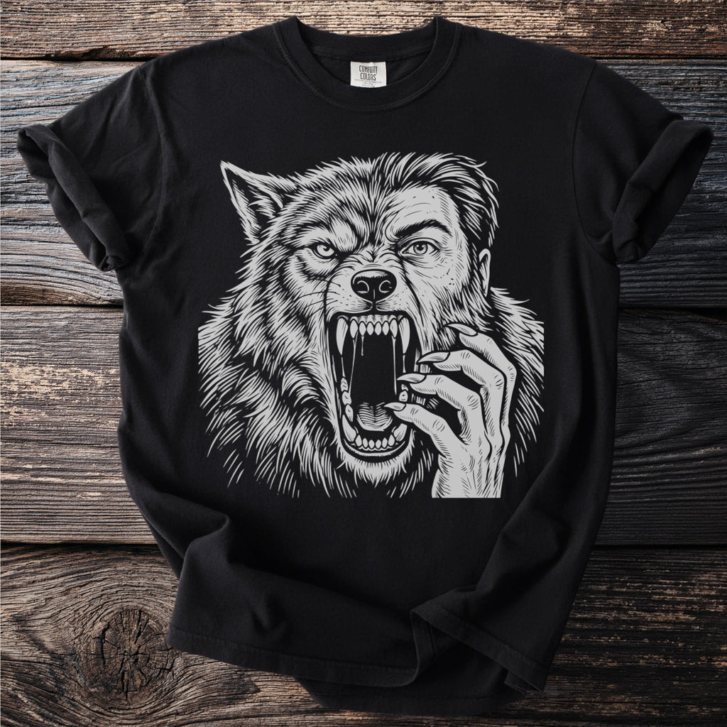 Black t-shirt with a detailed line art illustration of a snarling werewolf.