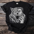 Black t-shirt with a detailed line art illustration of a snarling werewolf.