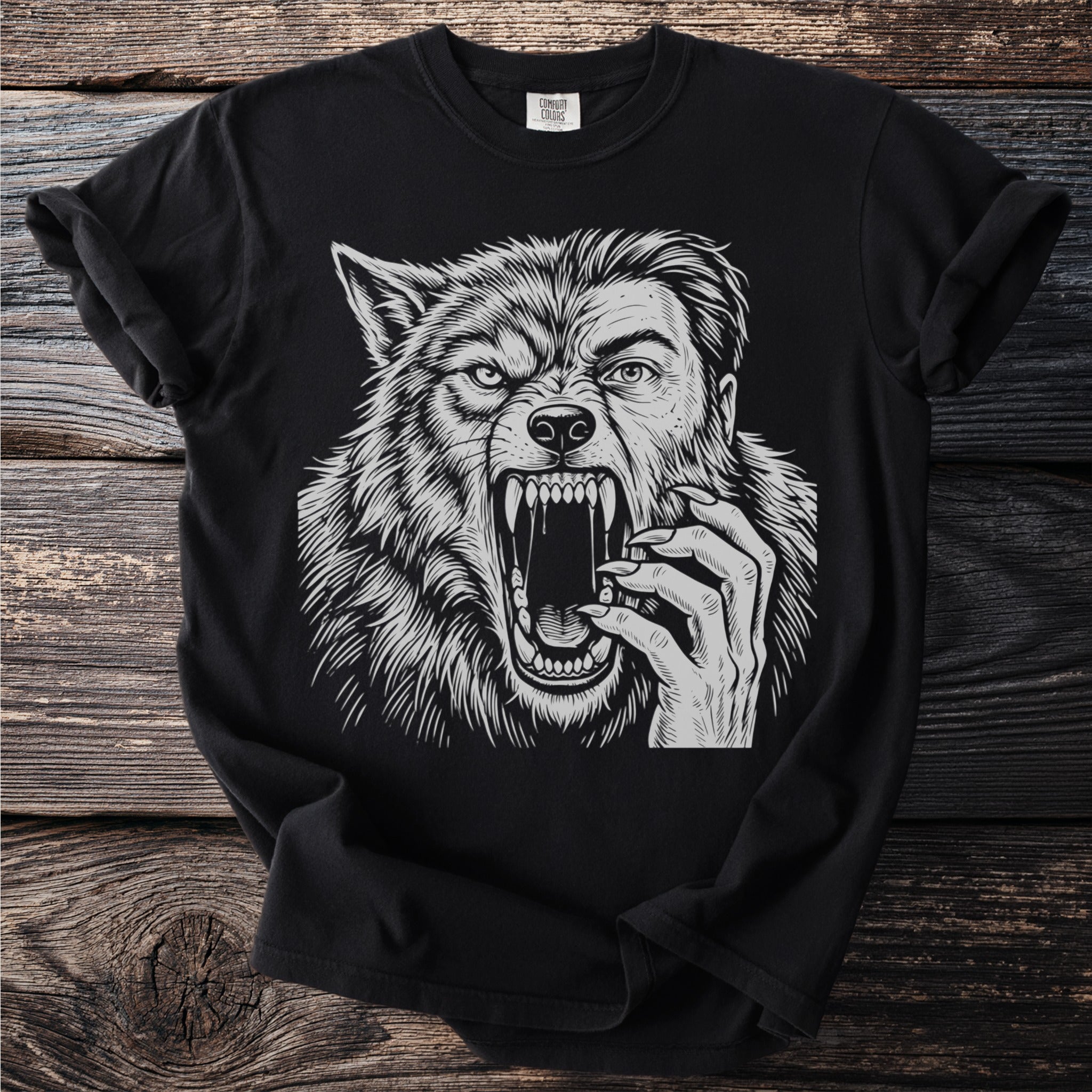 Black t-shirt with a detailed line art illustration of a snarling werewolf.