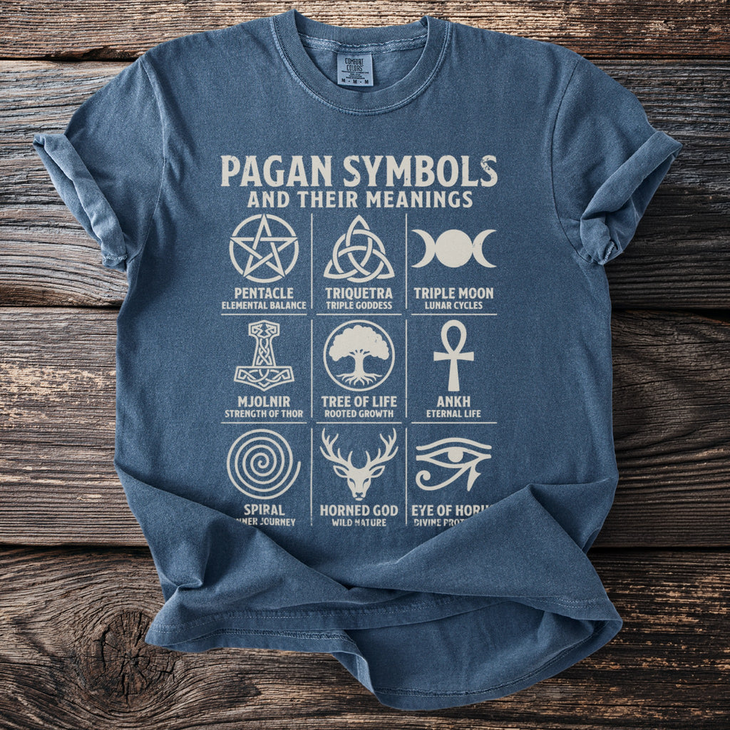 Blue t-shirt with "Pagan Symbols and their Meanings" title and nine symbols.