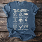 Blue t-shirt with "Pagan Symbols and their Meanings" title and nine symbols.