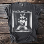Wolf holding a baby on t-shirt with text "handle with care"