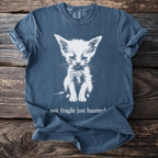 Blue t-shirt with a white graphic of a sad kitten and the text "not fragile just haunted."
