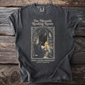 Dark t-shirt graphic: "The Moonlit Reading Room" with owls and a reader.
