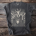 Dark gray t-shirt showing Loki with serpents, a fox, flames, and runes.