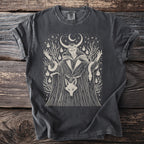 Dark gray t-shirt with mythological figure, snakes, fox, and runes graphic.