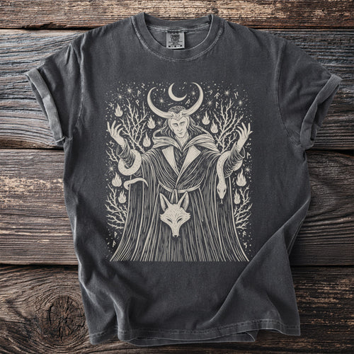 Dark gray t-shirt with mythological figure, snakes, fox, and runes graphic.