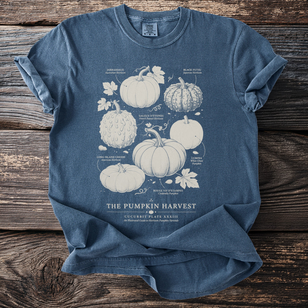 Blue t-shirt with illustrations and names of various heirloom pumpkins.