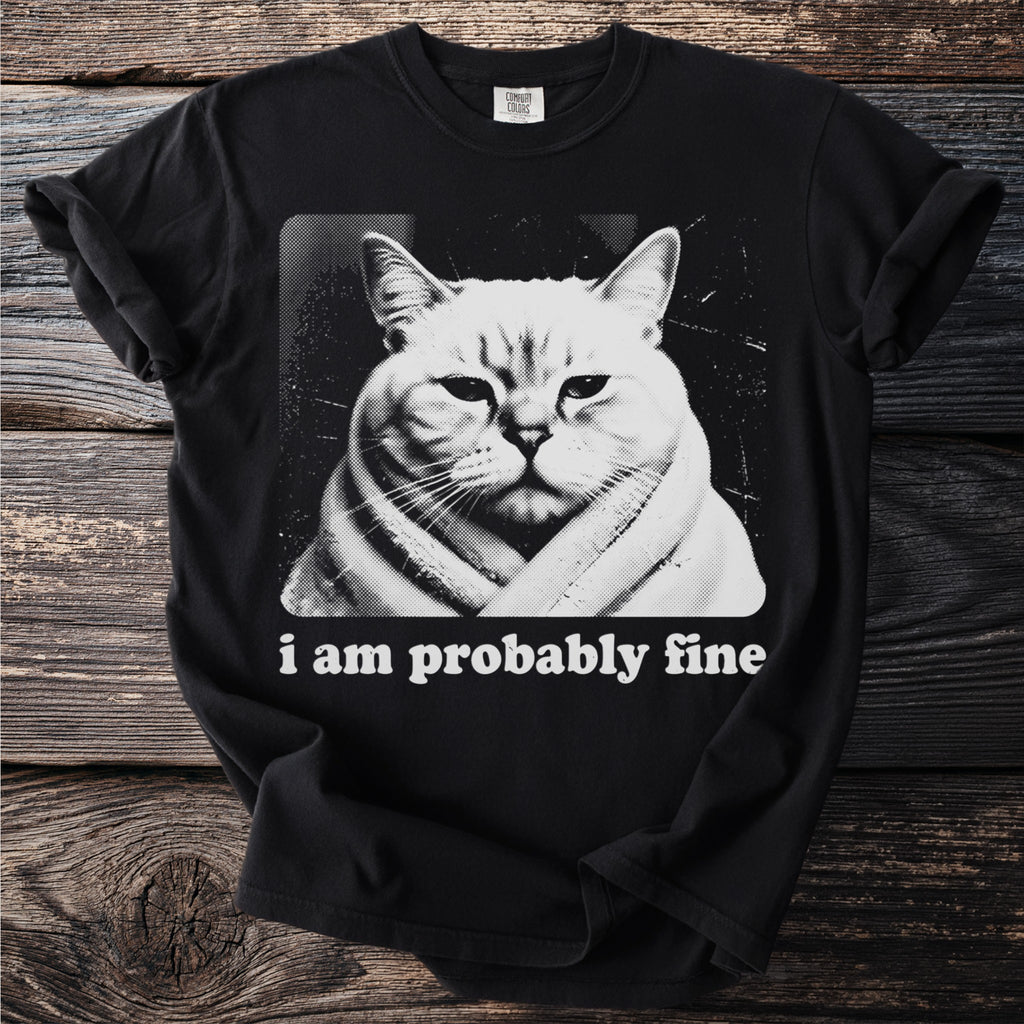 Black t-shirt with a black and white graphic of a cat wearing a scarf and text that reads "i am probably fine".