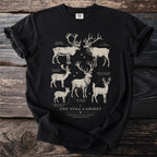 Black t-shirt featuring an illustration of various deer species, including Elk and Reindeer.