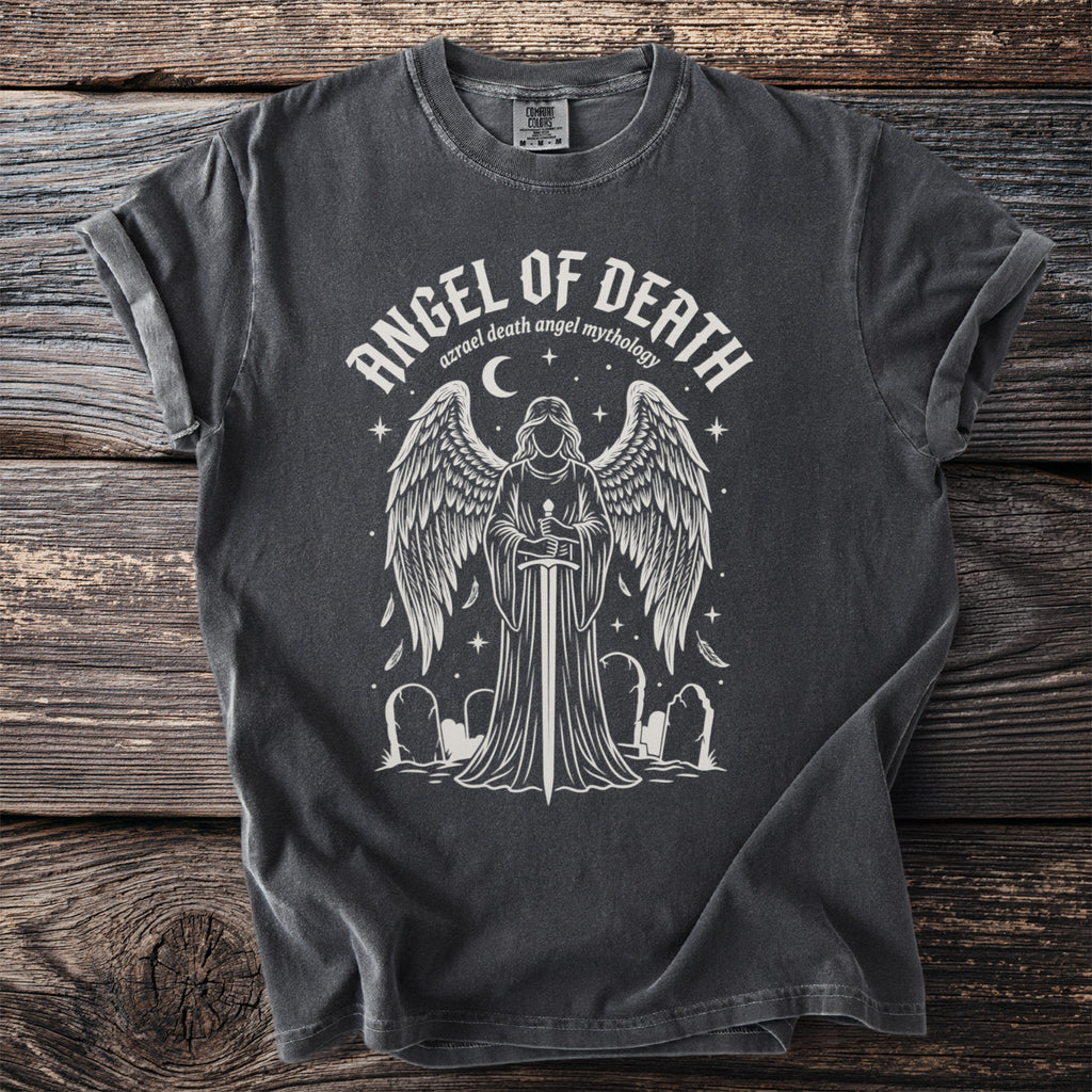Dark grey t-shirt with "Angel of Death" design featuring an angelic figure with sword and graveyard.
