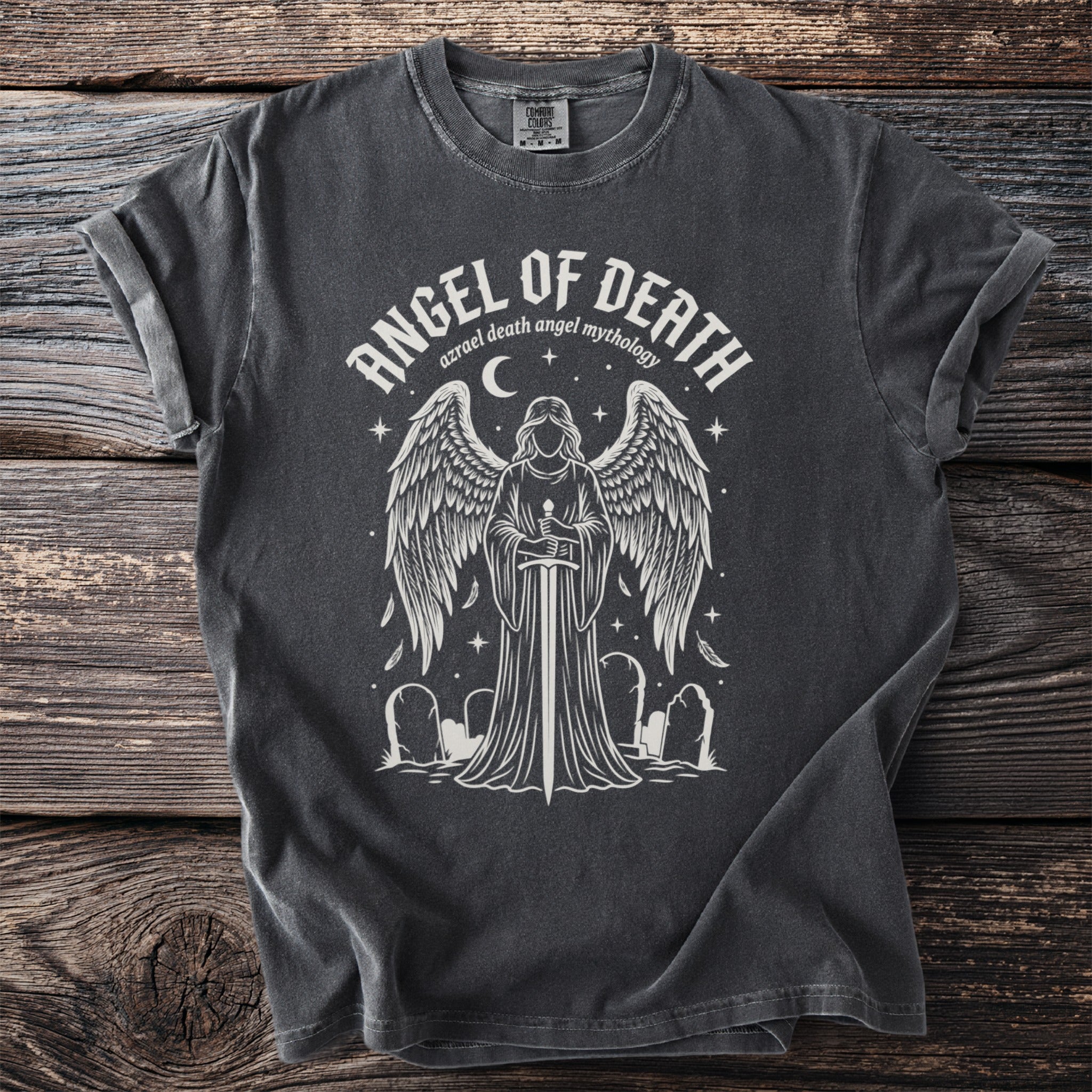 Dark grey t-shirt with "Angel of Death" design featuring an angelic figure with sword and graveyard.