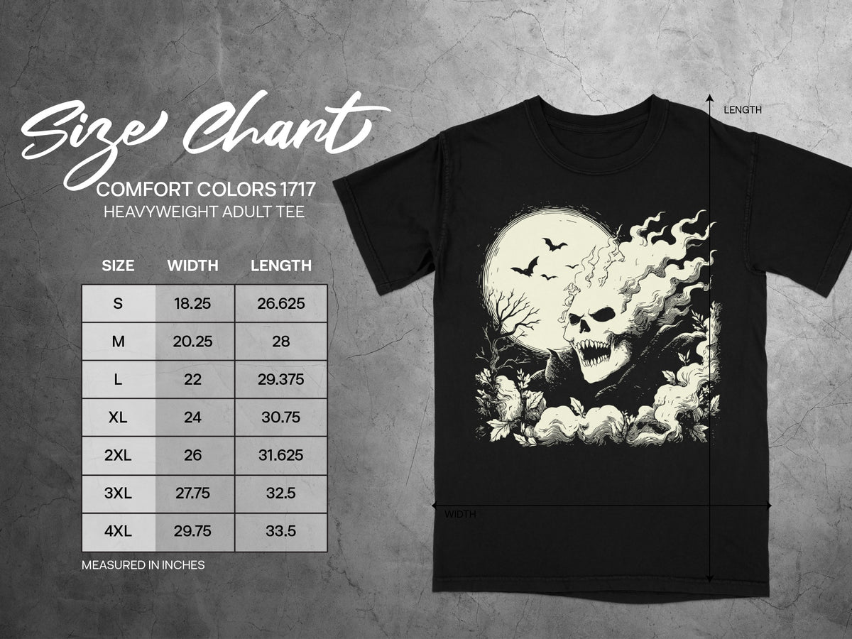 Comfort Colors 1717 heavyweight adult tee size chart with width and length measurements in inches.