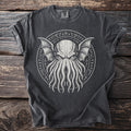 Dark grey t-shirt with a tentacled creature graphic and runes in a circle.