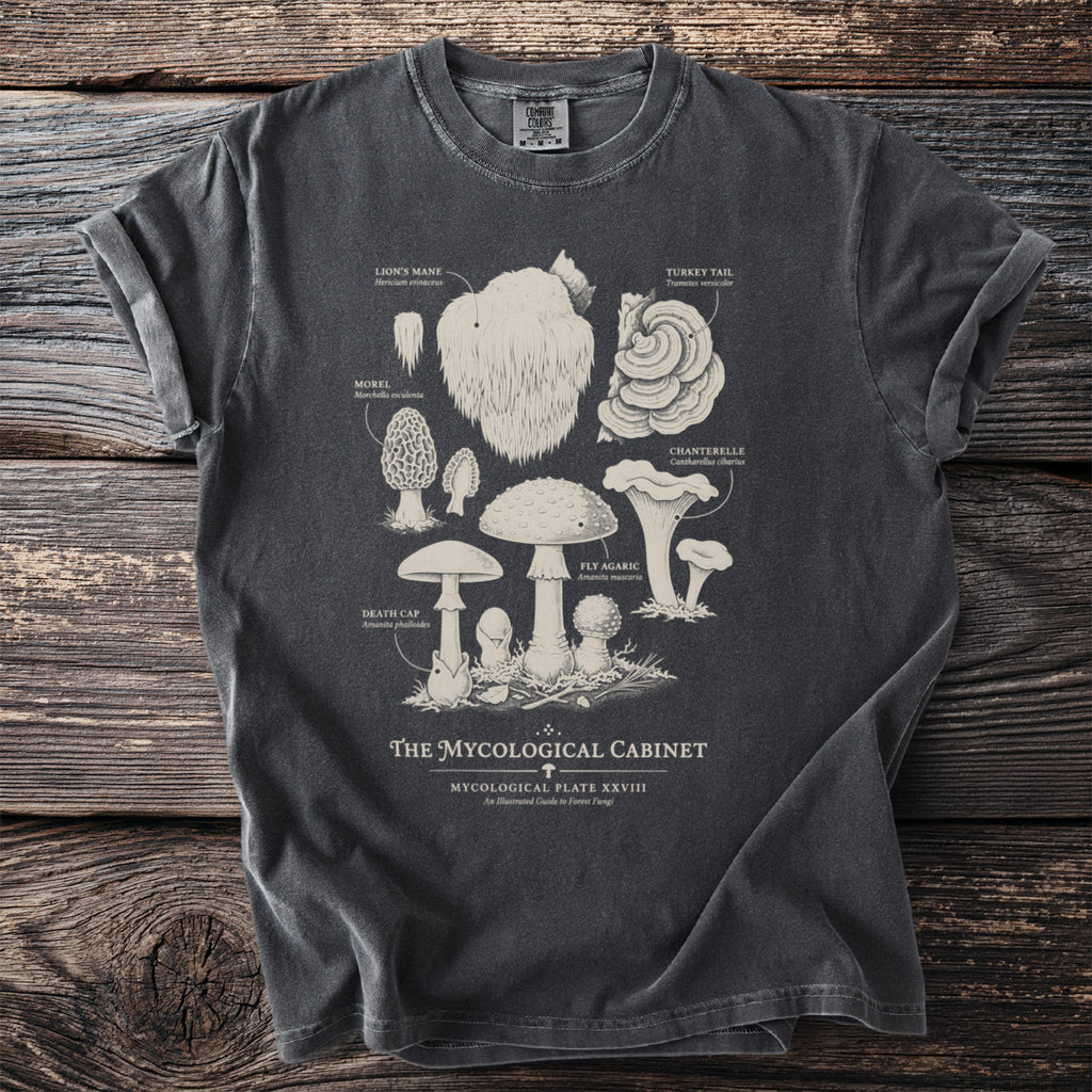 T-shirt with black ink illustration of various fungi and text "The Mycological Cabinet".