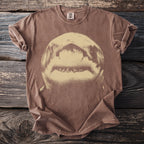 Brown t-shirt with a close-up graphic of a shark's open mouth.