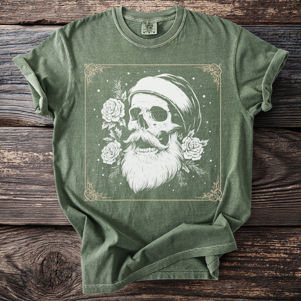 Green t-shirt with a skull wearing a hat and beard, surrounded by roses.