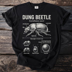 Black t-shirt with "Dung Beetle" graphic and anatomical labels.