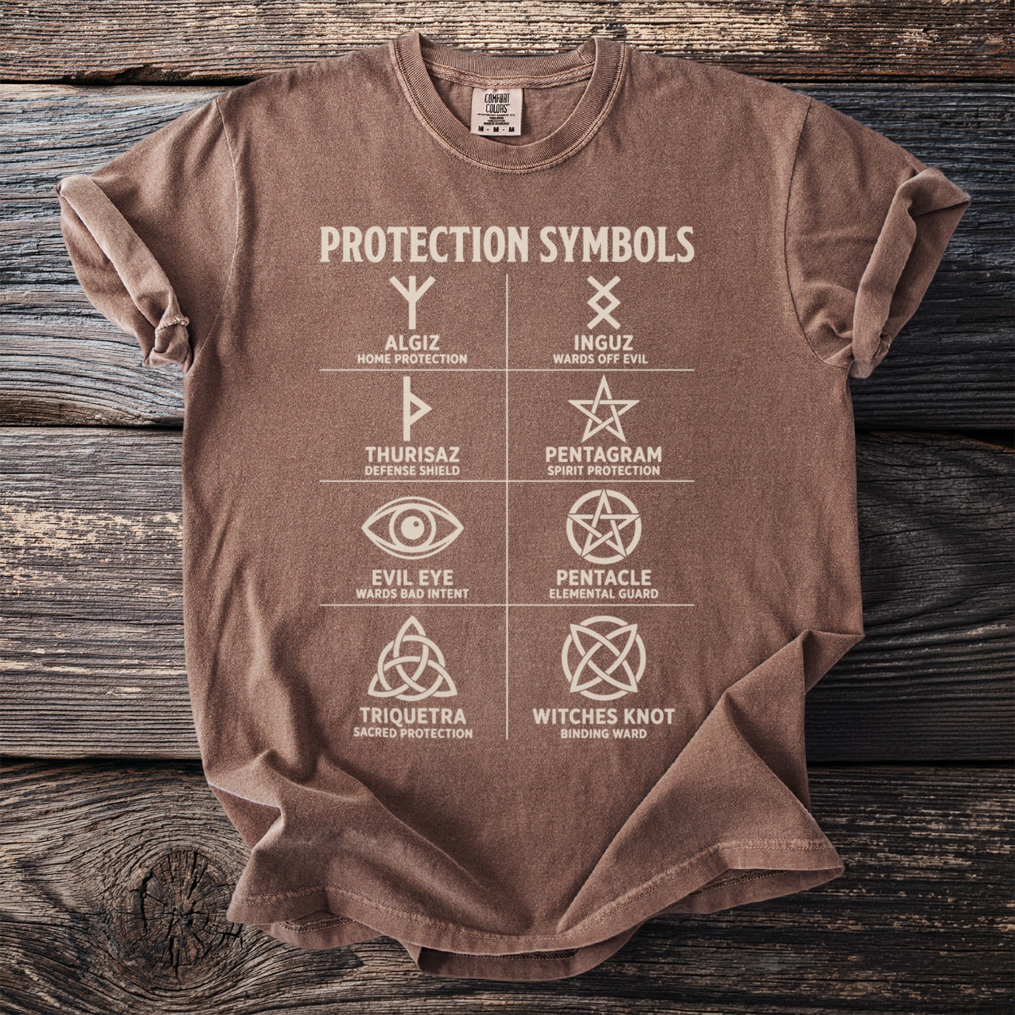 Brown t-shirt with white "PROTECTION SYMBOLS" text and six protection symbols.