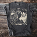 Pepper t-shirt with a musk ox and wolf facing beneath a north star.
