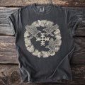 Dark grey t-shirt with a circular design of ravens, berries, and a snowflake symbol.