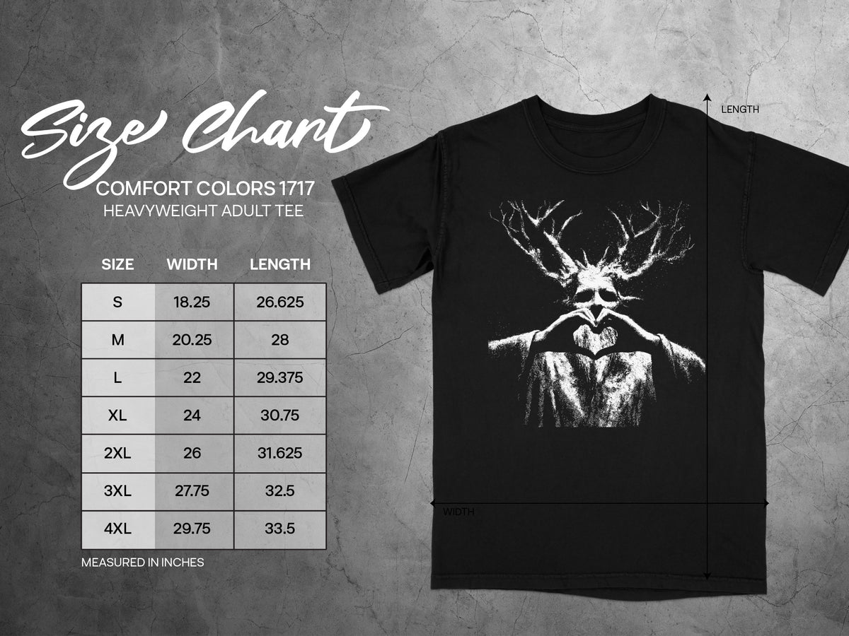 Size chart for Comfort Colors 1717 heavyweight adult tee with measurements.