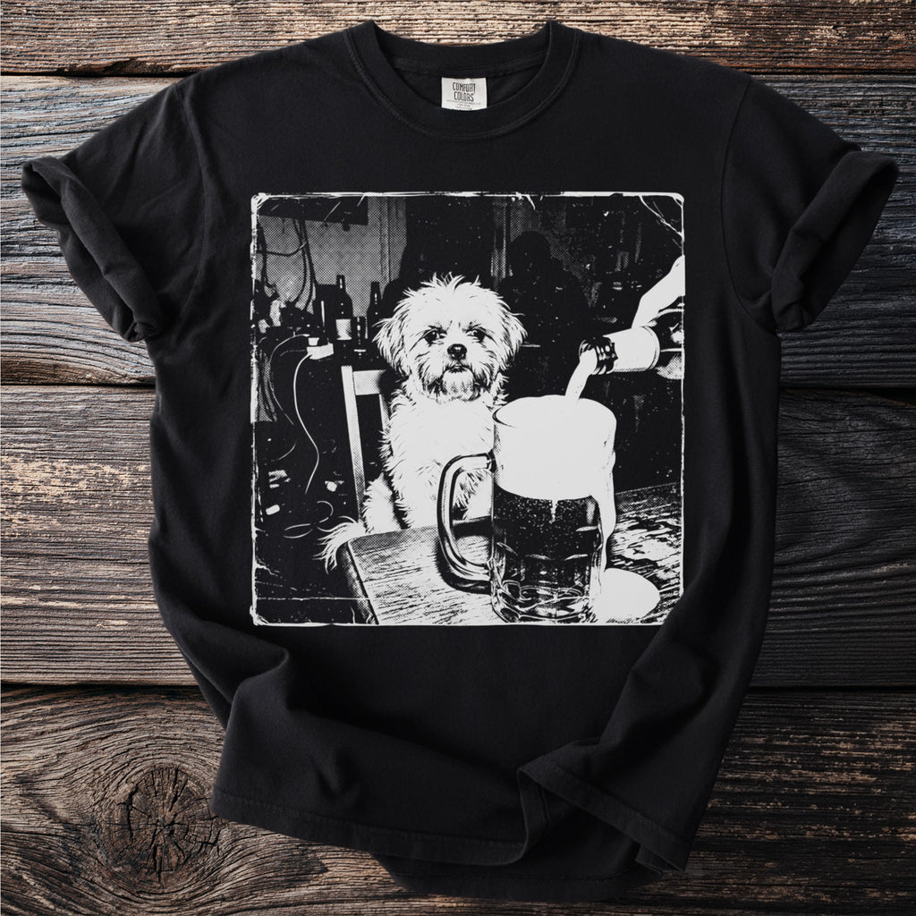 Black t-shirt with white graphic of a dog and a beer mug.