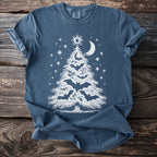 Blue t-shirt with white Christmas tree graphic featuring bats and holly under a crescent moon.