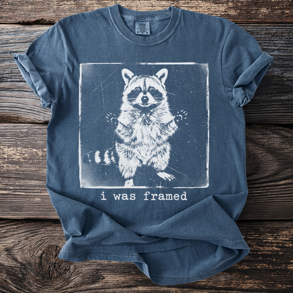 T-shirt with white graphic of raccoon and text "i was framed"