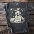 Dark gray t-shirt with a golden retriever in a witch hat beside a pumpkin and moon.
