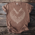 Brown t-shirt with white line art of dragonflies and floral heart.