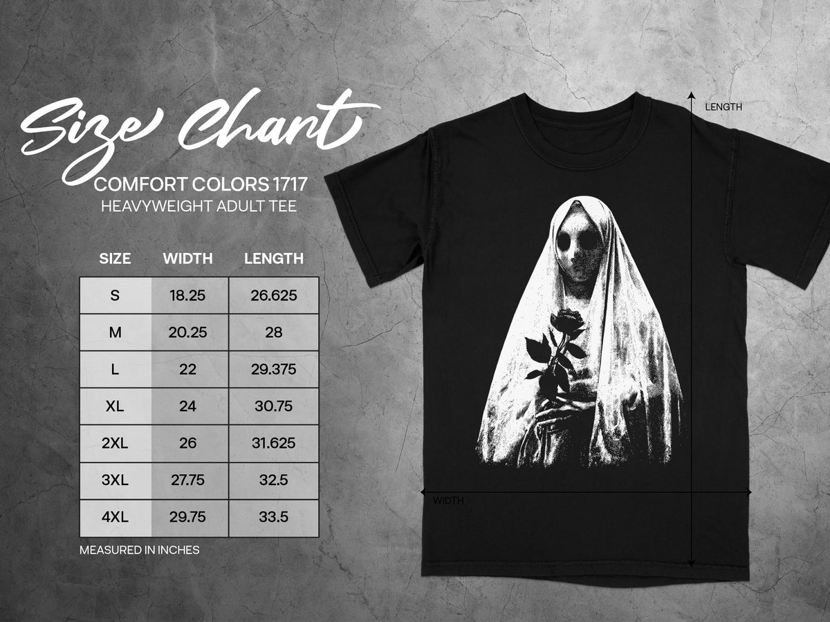 Comfort Colors 1717 heavyweight adult tee size chart with width and length measurements in inches.