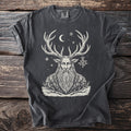 Pepper gray t-shirt with a cream folk-cut print of Horned God with Mistletoe.