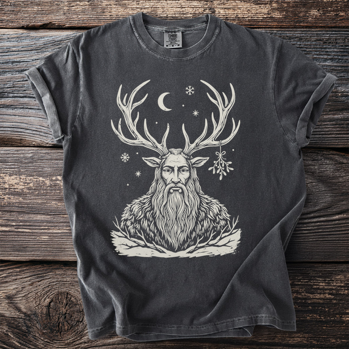 Pepper gray t-shirt with a cream folk-cut print of Horned God with Mistletoe.