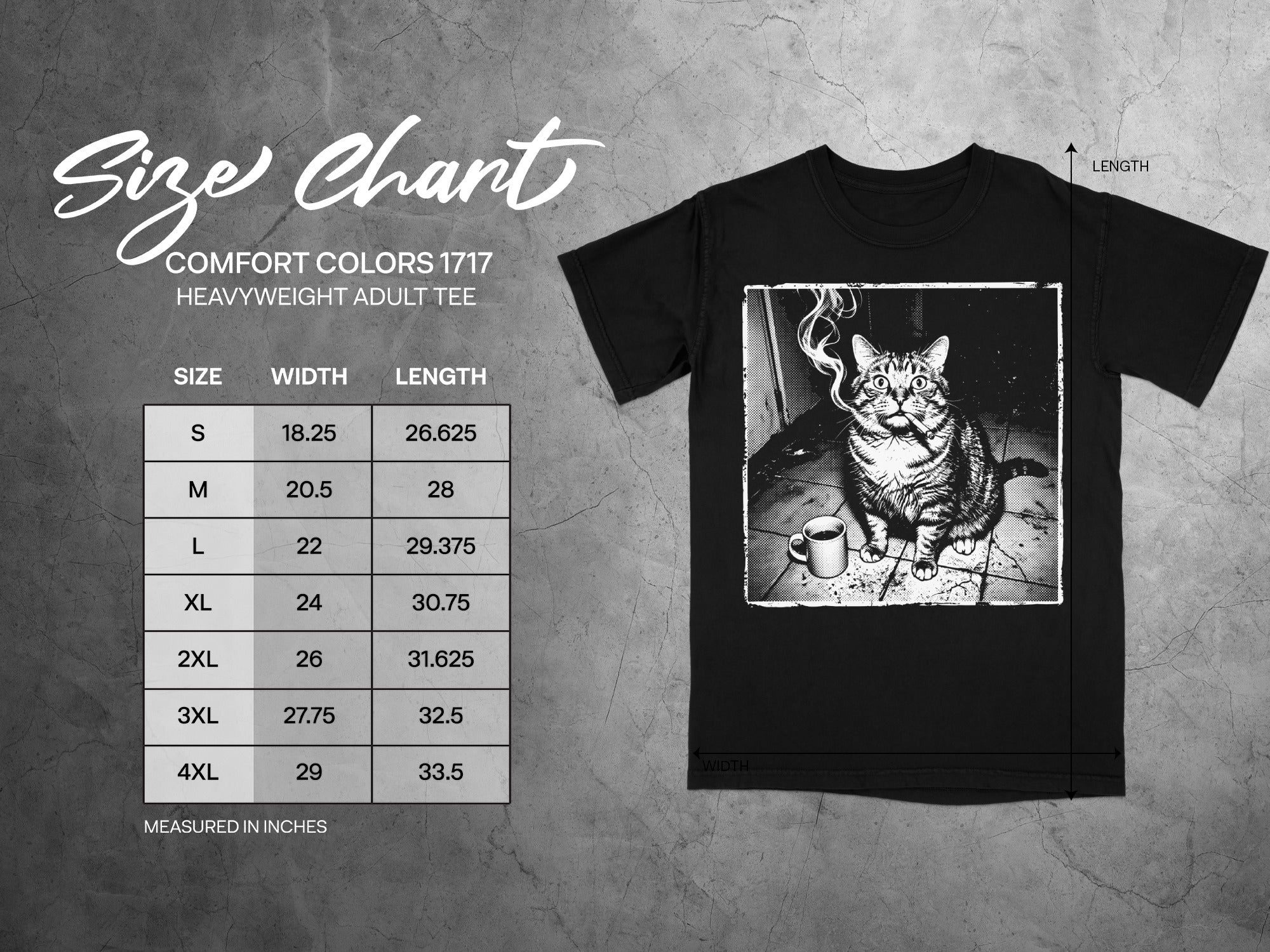 Comfort Colors 1717 garment size chart in inches.