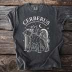 Dark grey t-shirt featuring Cerberus, Greek mythology underworld hound, in white outline.