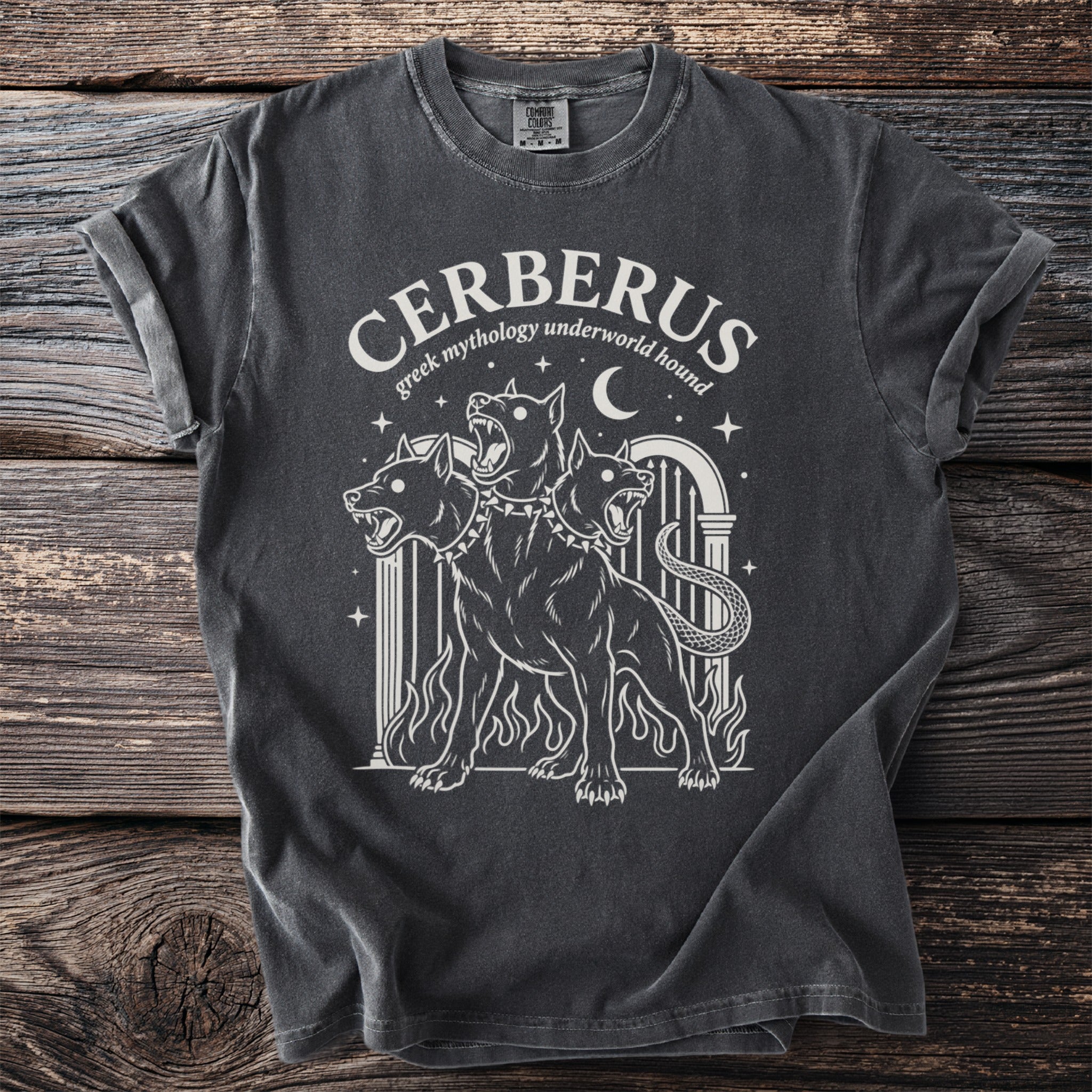 Dark grey t-shirt featuring Cerberus, Greek mythology underworld hound, in white outline.