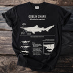 Goblin Shark scientific illustration with descriptive labels and facts on a black t-shirt.