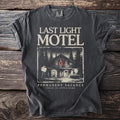 Last Light Motel graphic tee with permanent vacancy check in after dark.