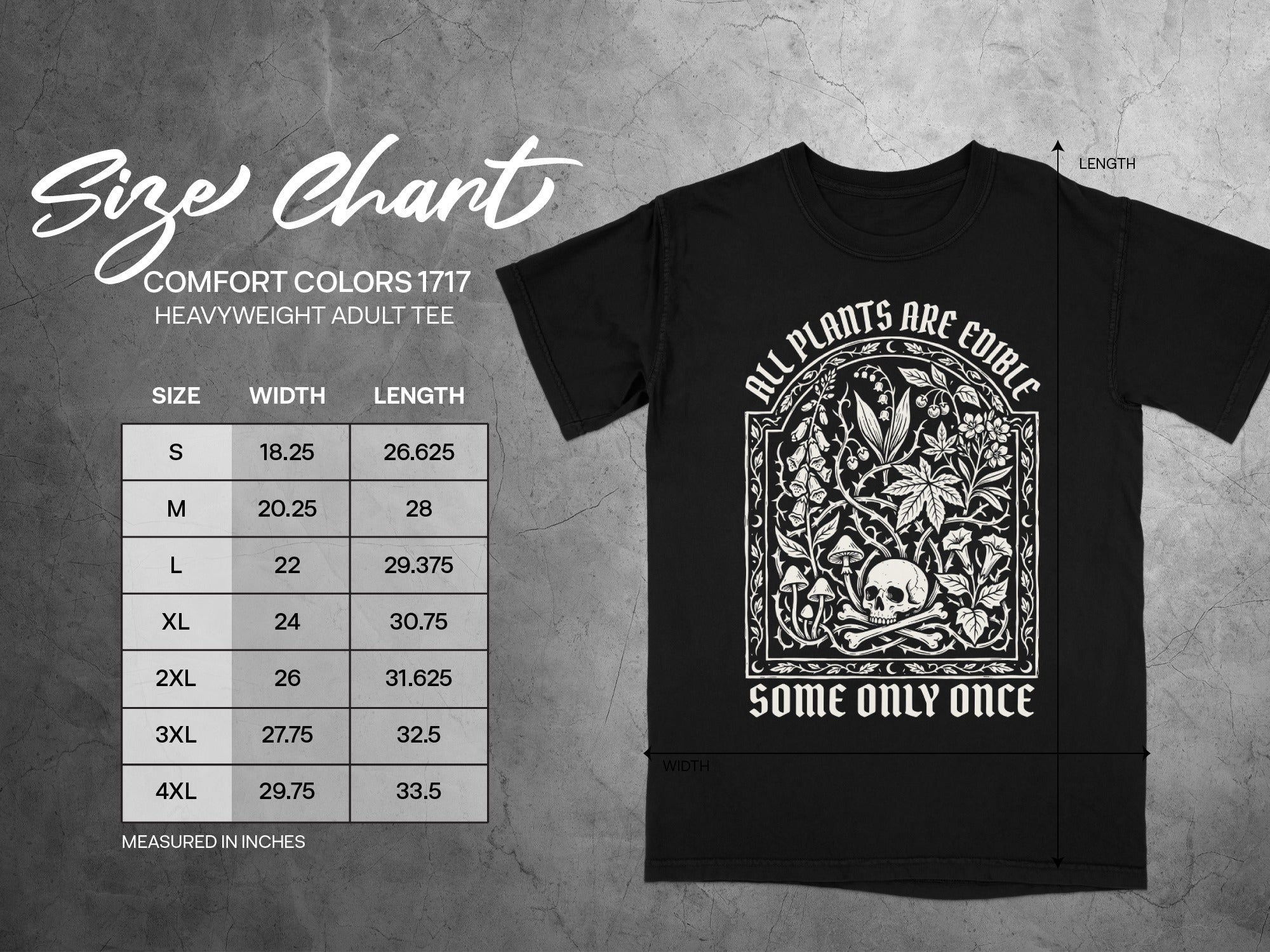 Black t-shirt size chart showing Comfort Colors 1717 heavyweight adult tee measurements.