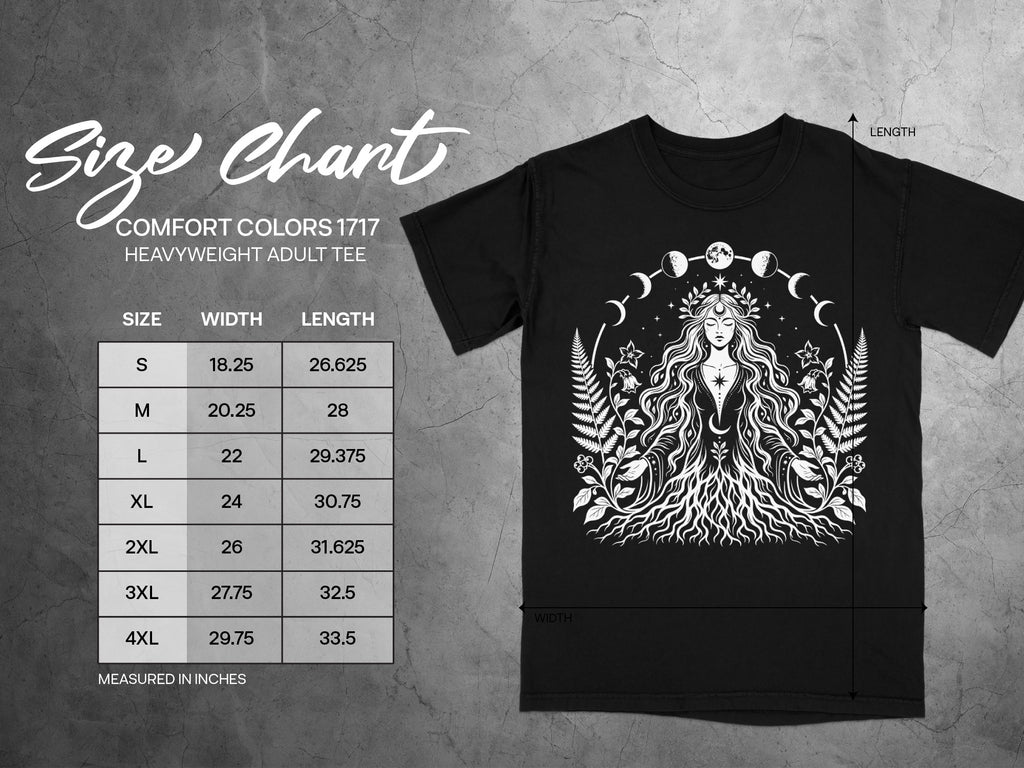 Black Comfort Colors 1717 t-shirt with size chart and moon phase graphic.