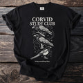 Black t-shirt with "Corvid Study Club" and three birds: crow, raven, magpie, and text.