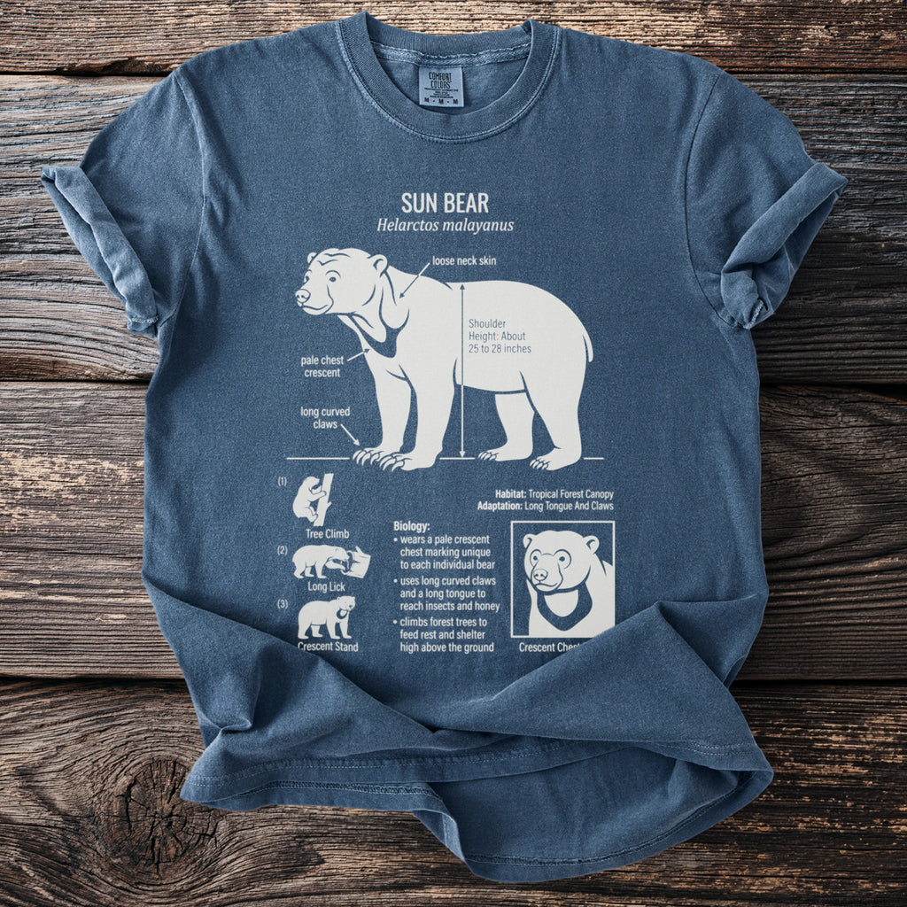 Sun Bear graphic on a slate blue t-shirt with scientific text and illustrations.