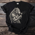 Werewolf blowing dandelion seeds with "COMFORT COLORS" tag visible on the collar.