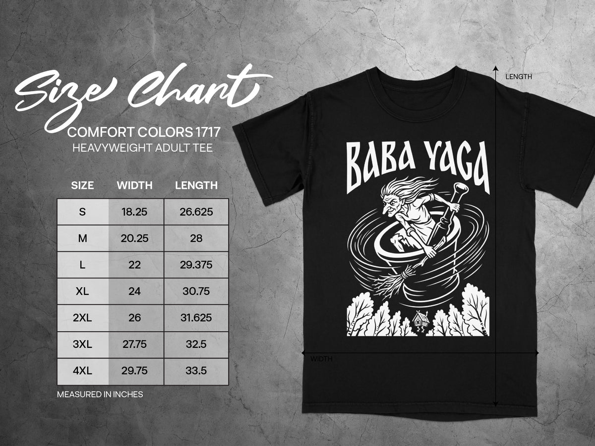 Comfort Colors 1717 heavyweight adult tee size chart with Baba Yaga graphic.